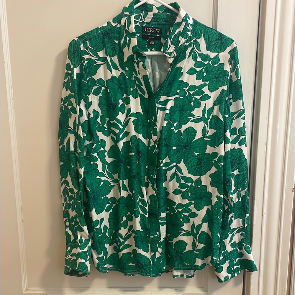 J. Crew Green and White Long Sleeve Blouse with Mandarin Collar